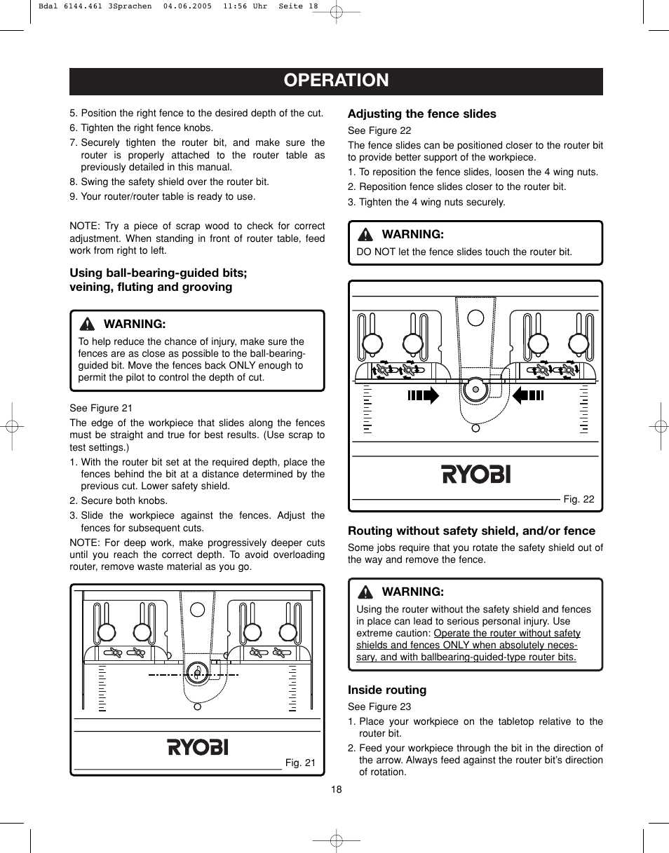 Operation | Ryobi RT401W User Manual | Page 18 / 24