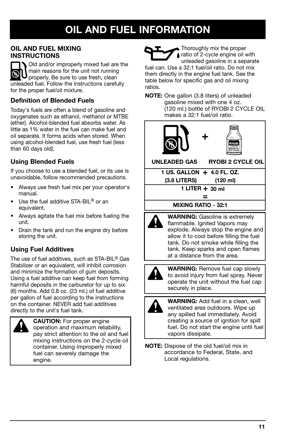Oil and fuel information | Ryobi 766r User Manual | Page 11 / 26