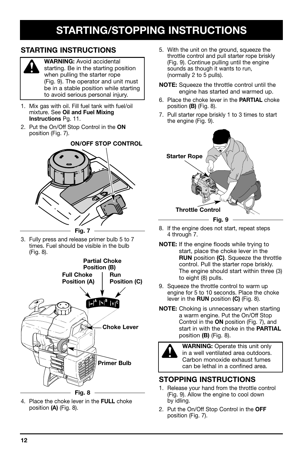 Starting/stopping instructions, Stopping instructions, Starting instructions | Ryobi 766r User Manual | Page 12 / 26