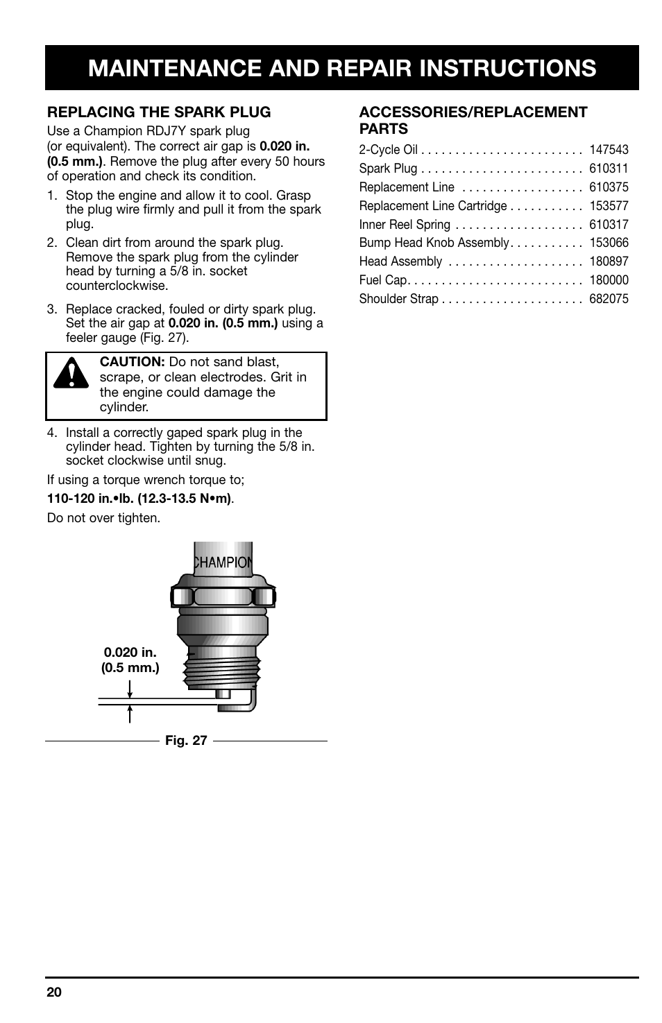 Maintenance and repair instructions | Ryobi 766r User Manual | Page 20 / 26