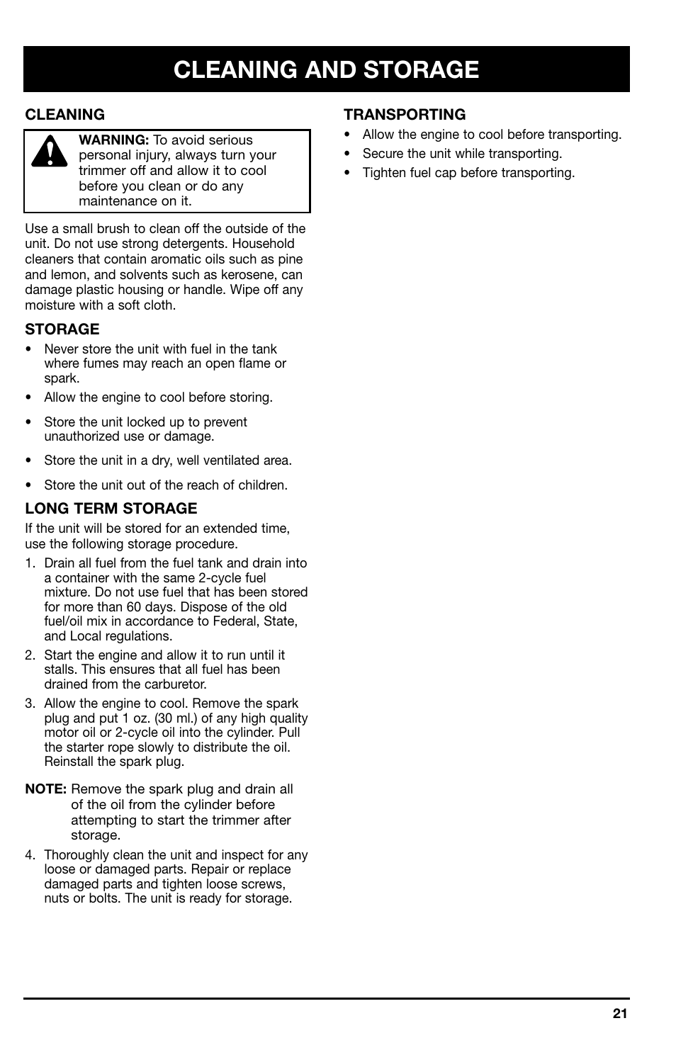 Cleaning and storage | Ryobi 766r User Manual | Page 21 / 26