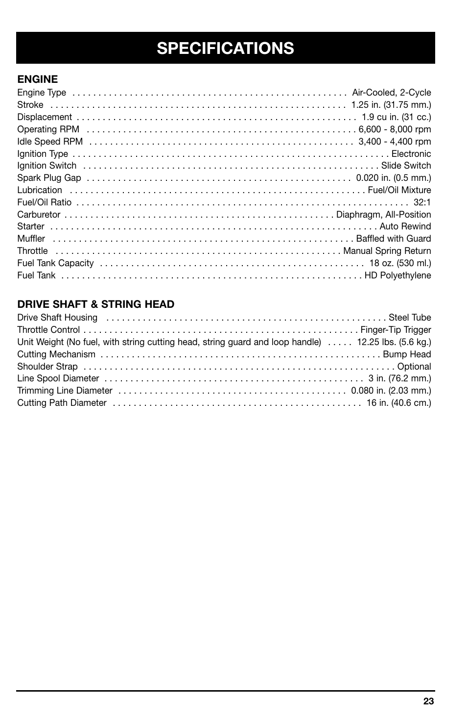 Specifications | Ryobi 766r User Manual | Page 23 / 26