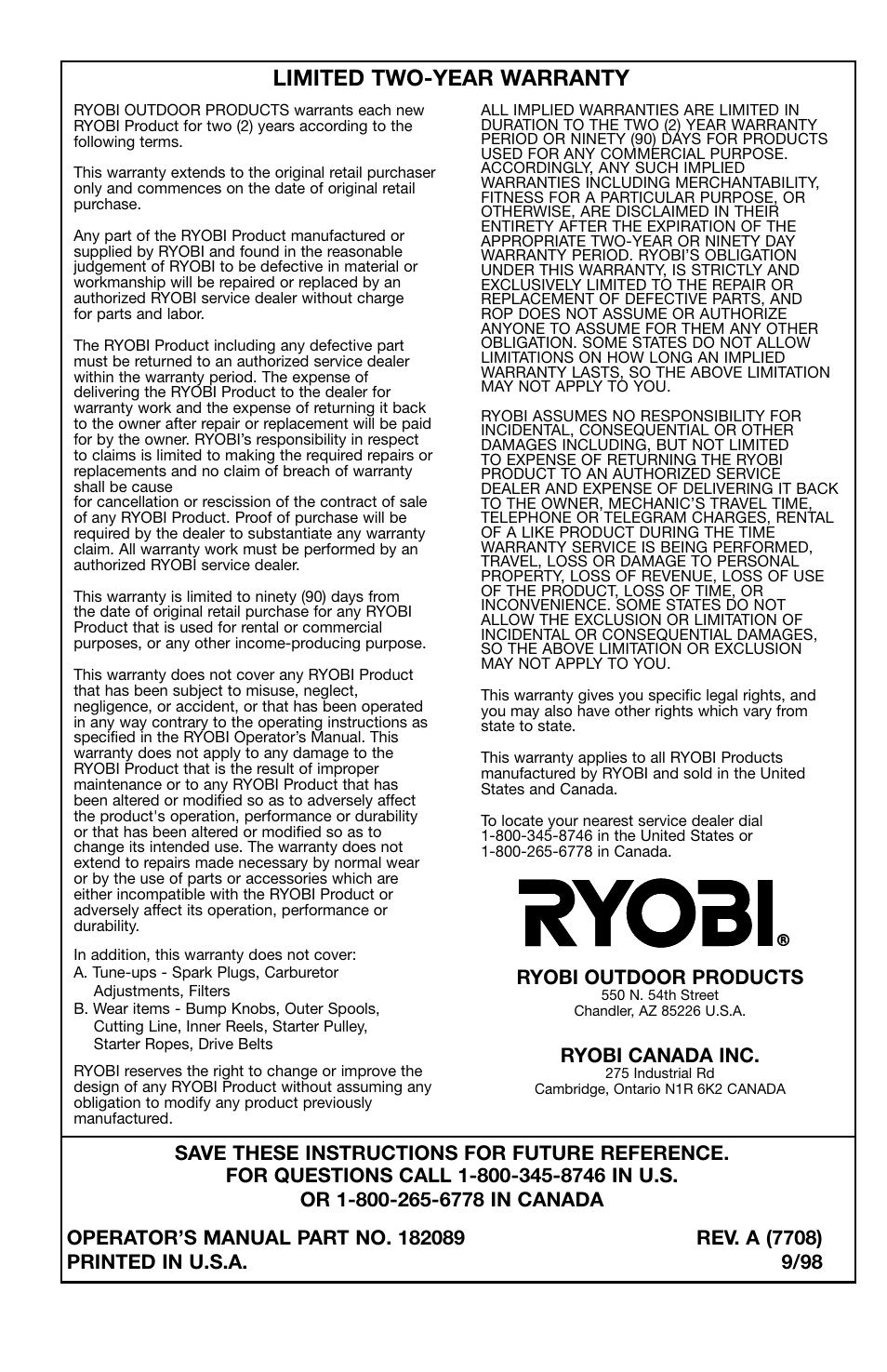 Limited two-year warranty | Ryobi 766r User Manual | Page 26 / 26