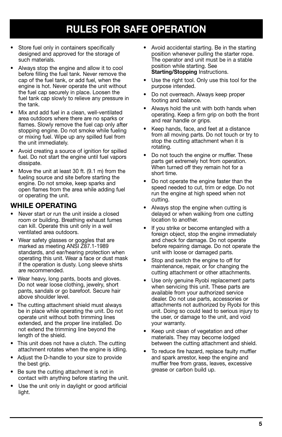 Rules for safe operation, While operating | Ryobi 766r User Manual | Page 5 / 26