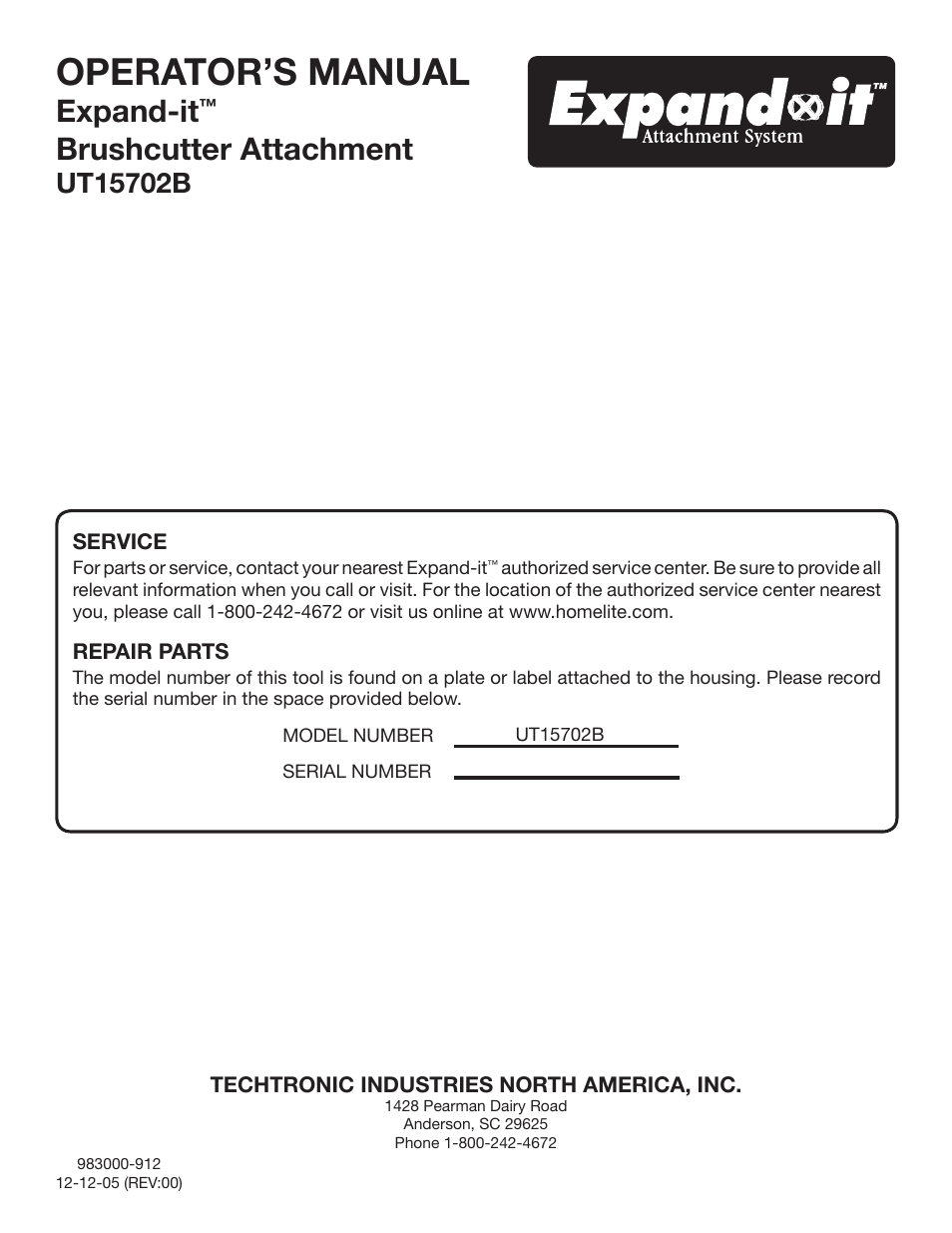 Operator’s manual, Expand-it, Brushcutter attachment | Ryobi Expand-it UT15702B User Manual | Page 14 / 14