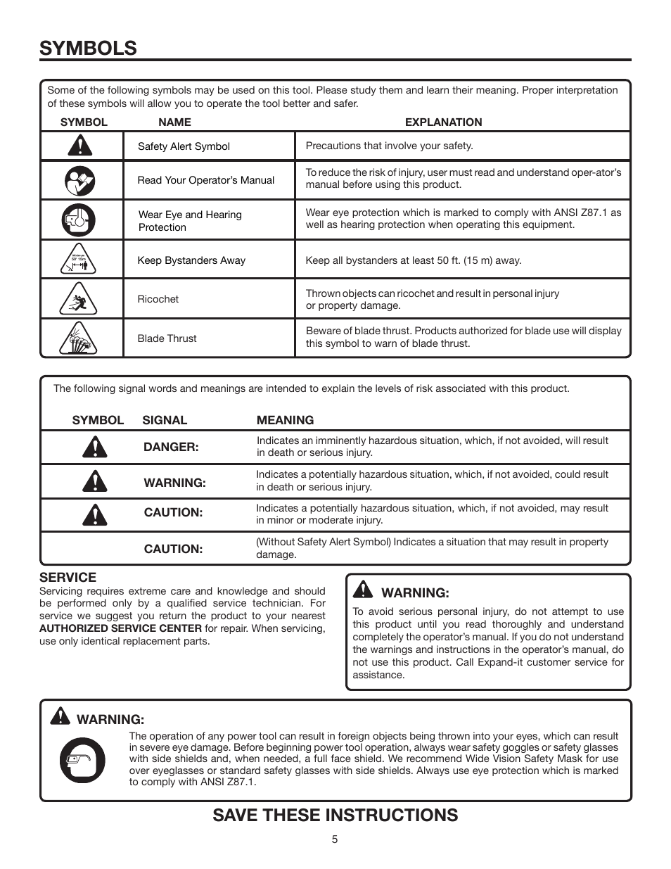 Symbols, Save these instructions | Ryobi Expand-it UT15702B User Manual | Page 5 / 14