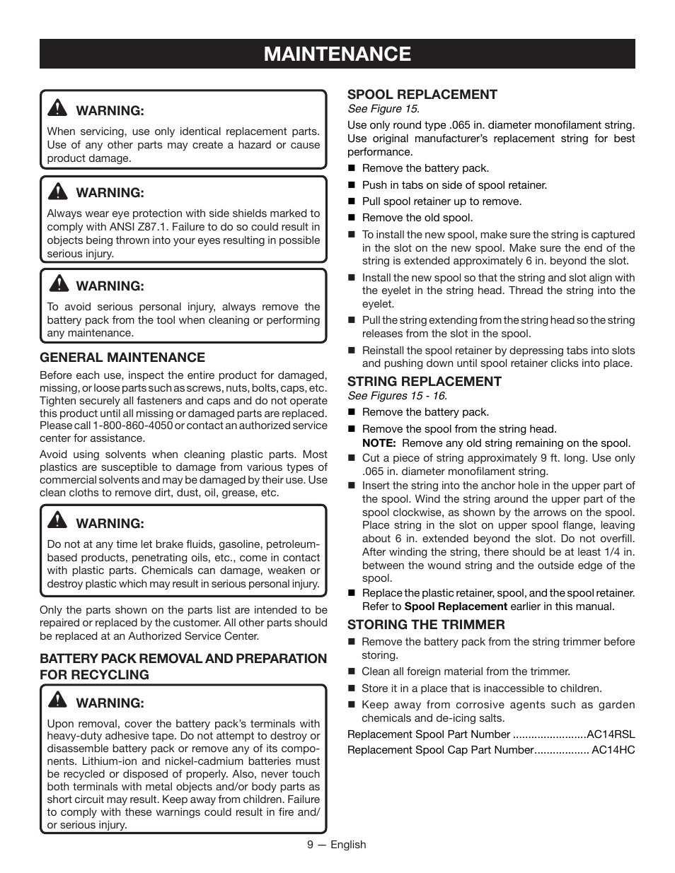 Maintenance | Ryobi P2005 User Manual | Page 11 / 34