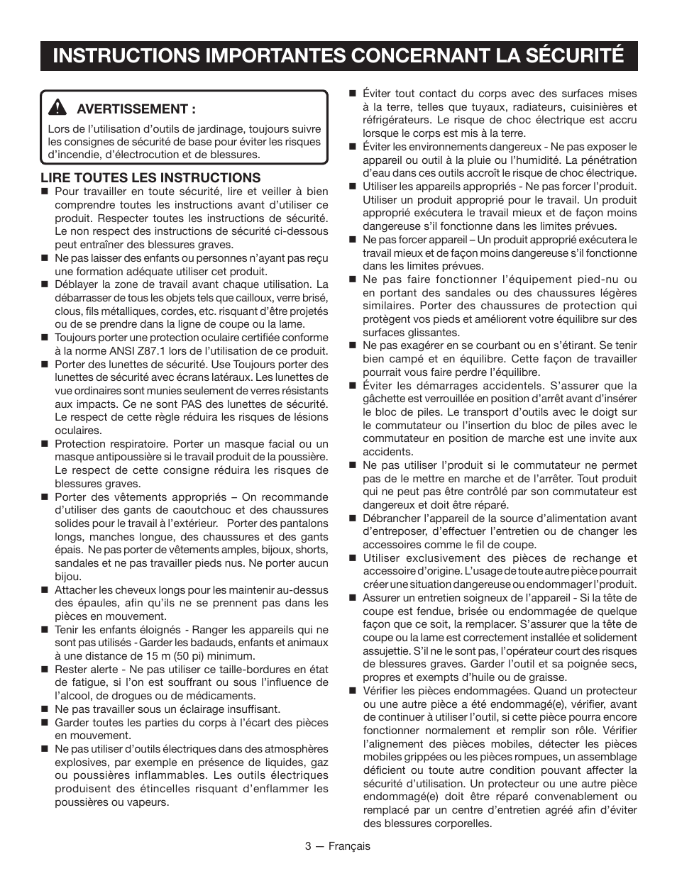 Instructions importantes concernant la sécurité | Ryobi P2005 User Manual | Page 15 / 34