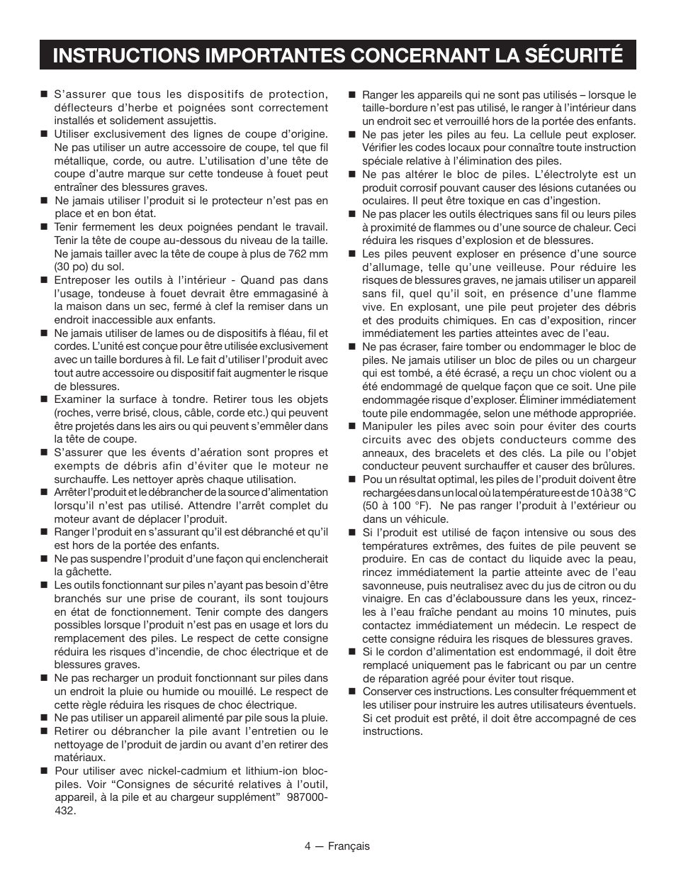 Instructions importantes concernant la sécurité | Ryobi P2005 User Manual | Page 16 / 34