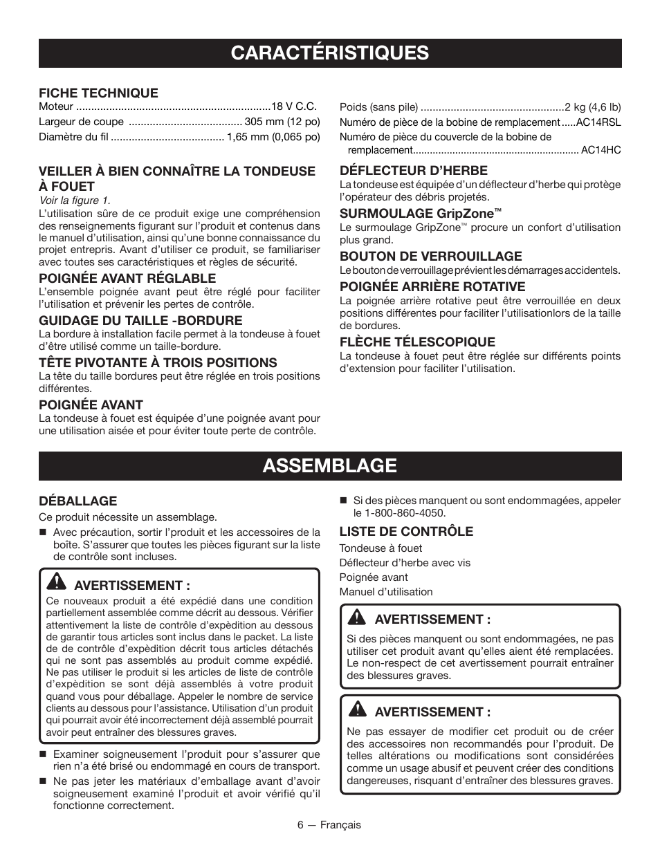 Caractéristiques, Assemblage | Ryobi P2005 User Manual | Page 18 / 34