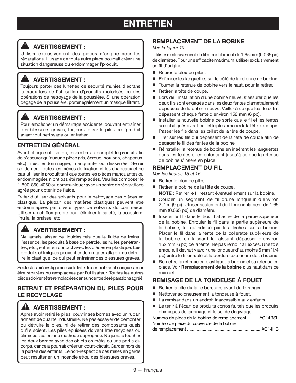 Entretien | Ryobi P2005 User Manual | Page 21 / 34