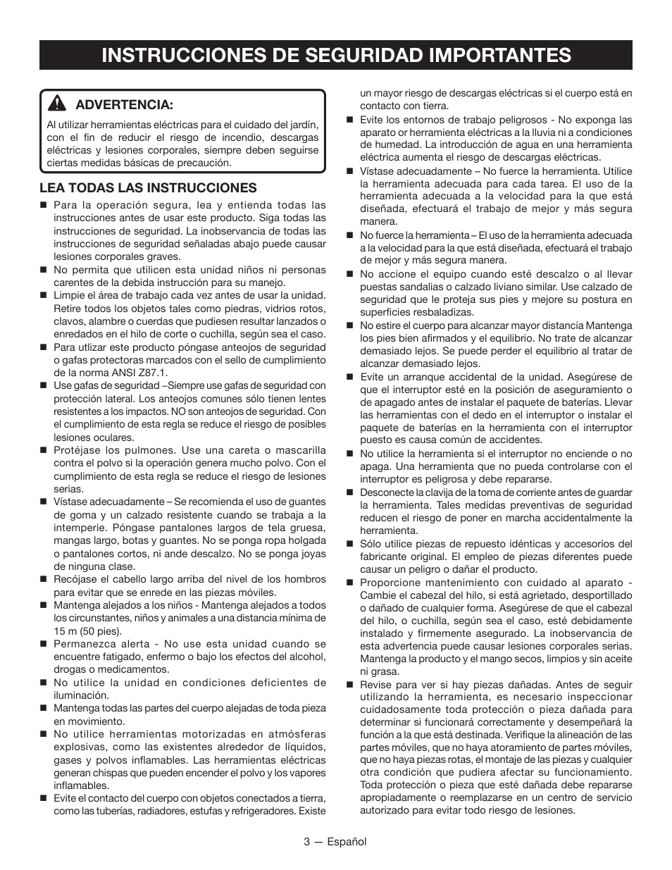 Instrucciones de seguridad importantes, Advertencia, Lea todas las instrucciones | Ryobi P2005 User Manual | Page 25 / 34