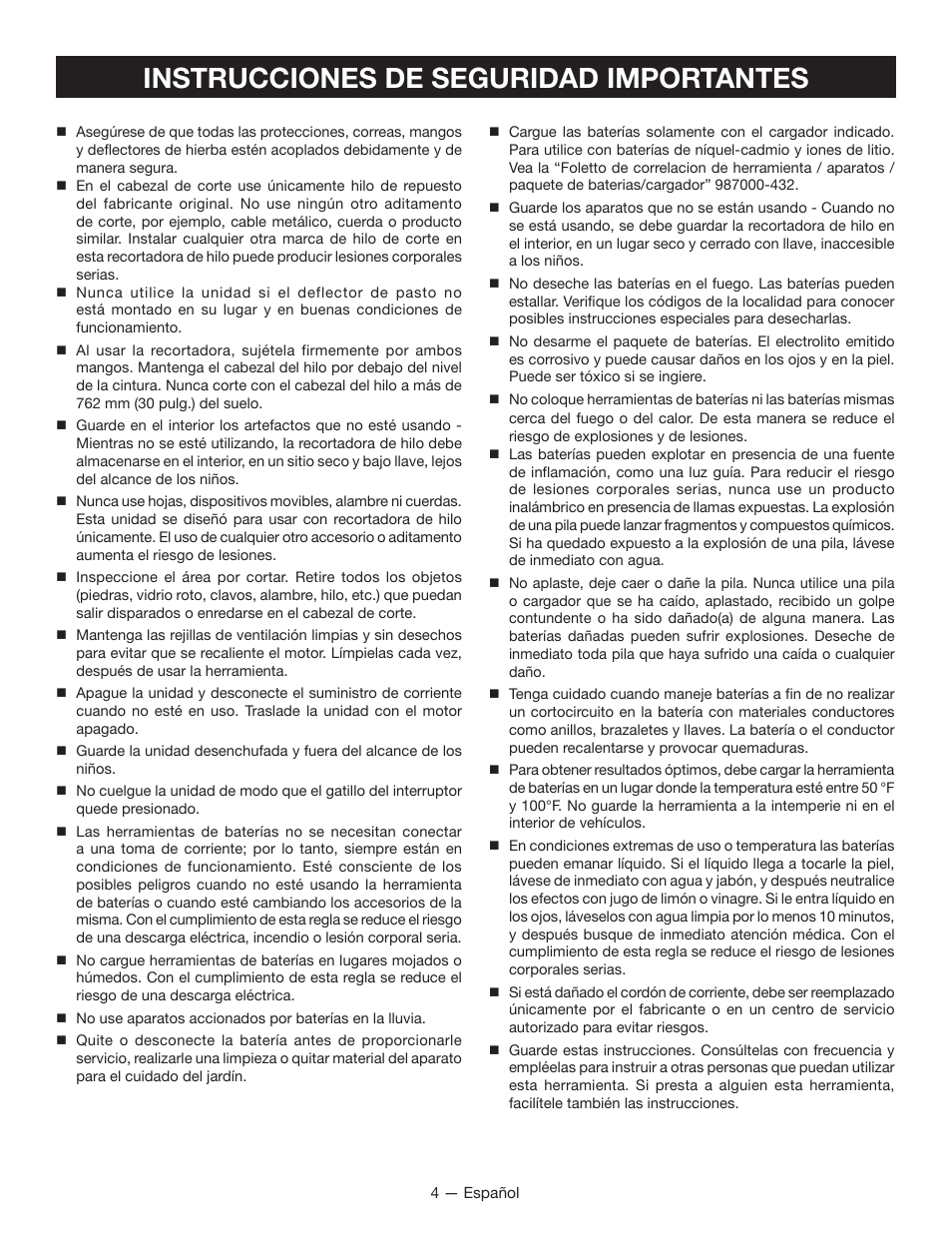 Instrucciones de seguridad importantes | Ryobi P2005 User Manual | Page 26 / 34