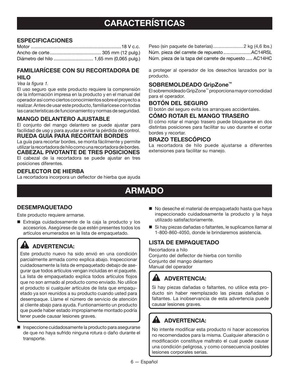 Características, Armado | Ryobi P2005 User Manual | Page 28 / 34