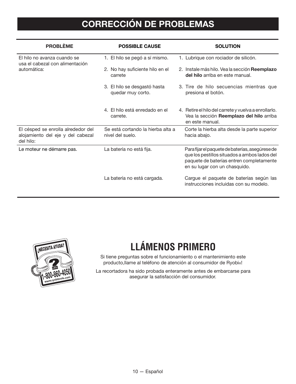 Llámenos primero, Corrección de problemas | Ryobi P2005 User Manual | Page 32 / 34