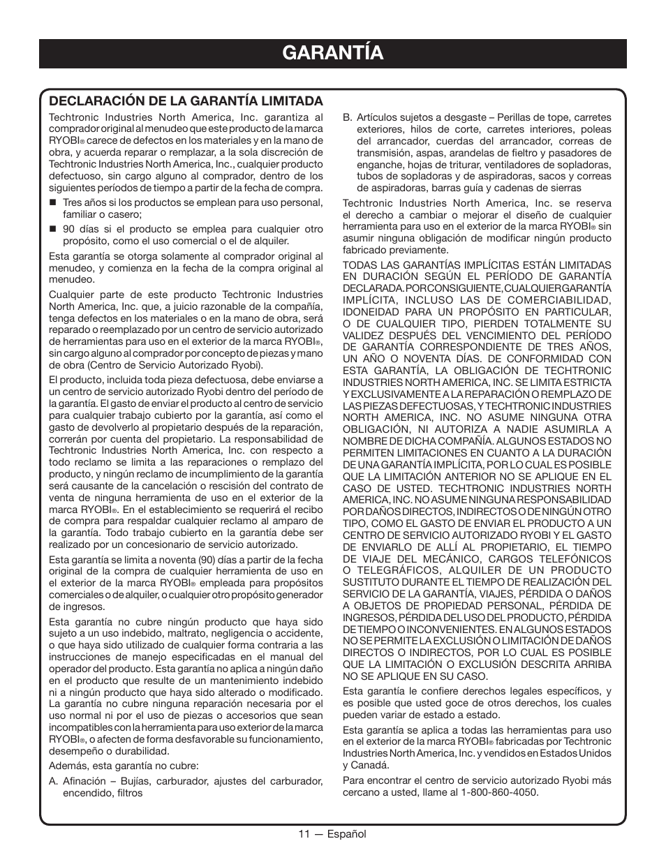 Garantía, Declaración de la garantía limitada | Ryobi P2005 User Manual | Page 33 / 34