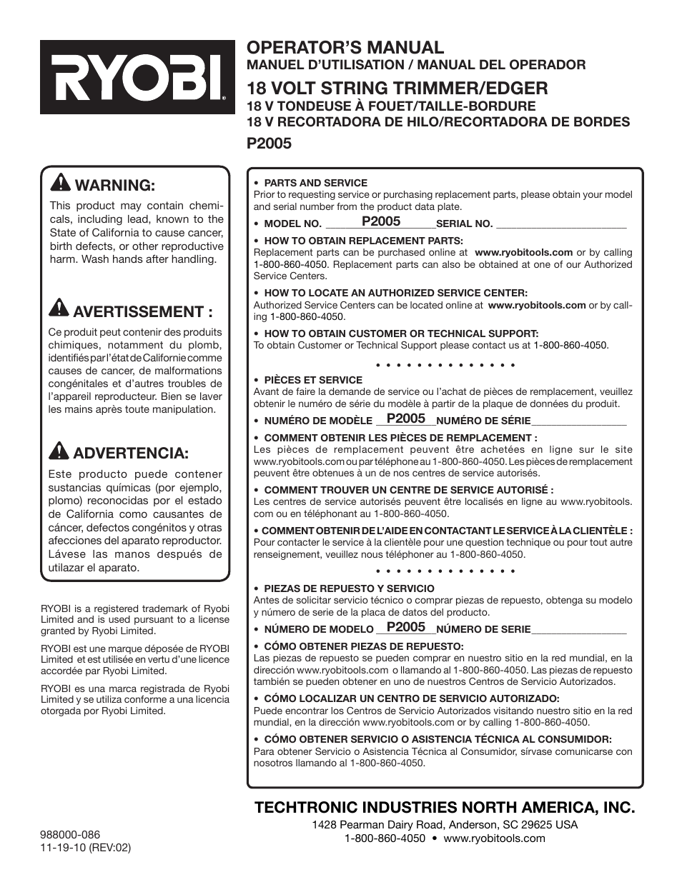 Operator’s manual, 18 volt string trimmer/edger, Techtronic industries north america, inc | P2005 warning, Avertissement, Advertencia | Ryobi P2005 User Manual | Page 34 / 34