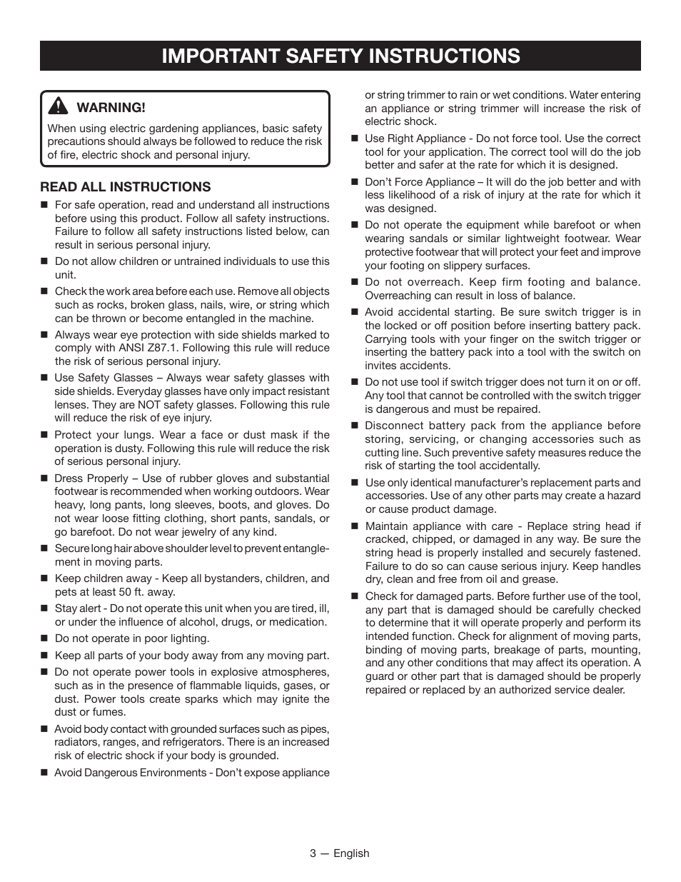 Important safety instructions | Ryobi P2005 User Manual | Page 5 / 34