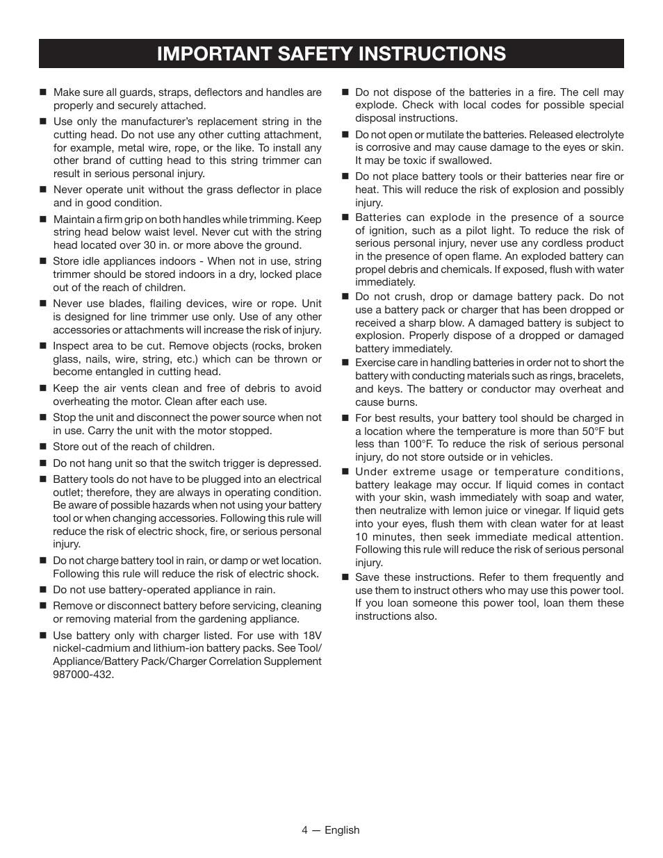 Important safety instructions | Ryobi P2005 User Manual | Page 6 / 34