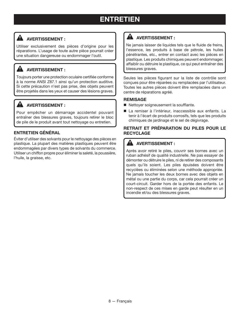 Entretien | Ryobi P2105 User Manual | Page 17 / 26