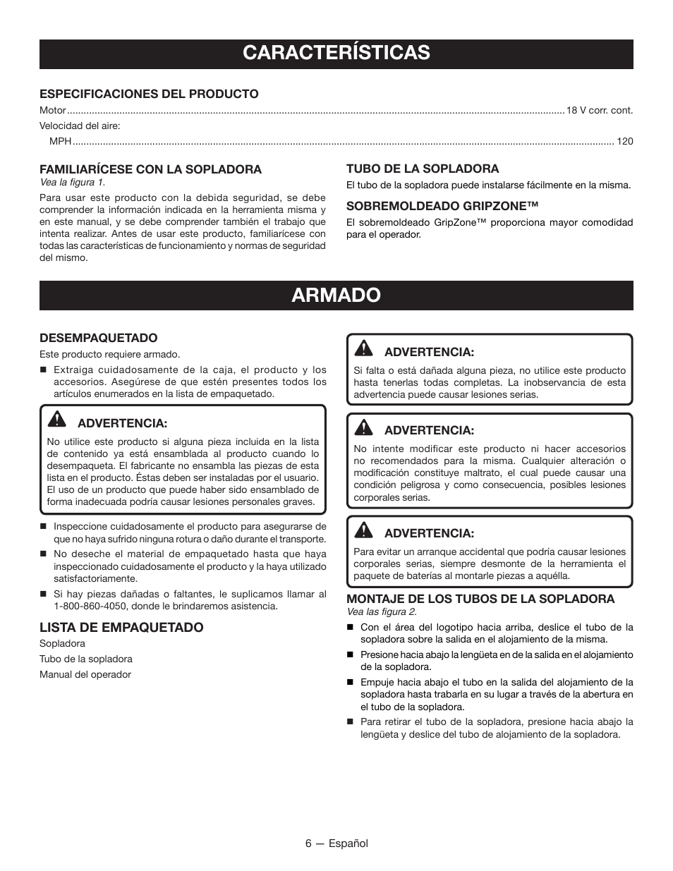 Características armado | Ryobi P2105 User Manual | Page 22 / 26