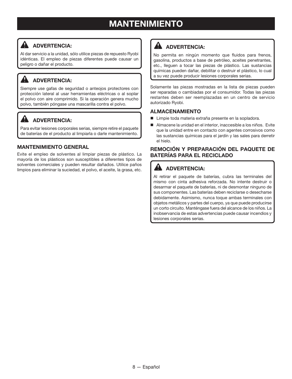 Mantenimiento | Ryobi P2105 User Manual | Page 24 / 26