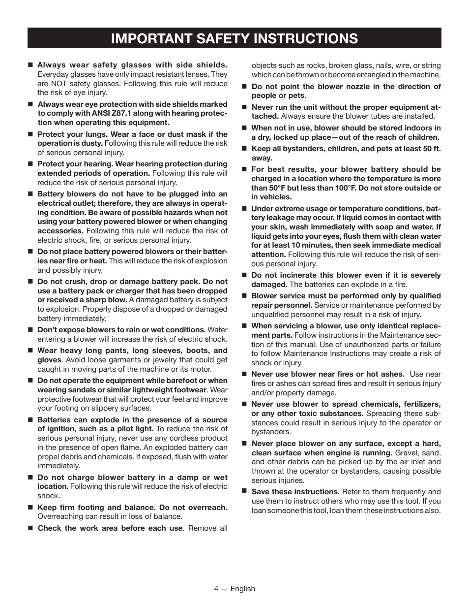 Important safety instructions | Ryobi P2105 User Manual | Page 6 / 26