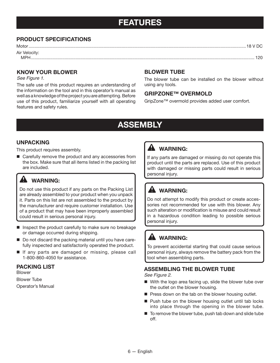 Features assembly | Ryobi P2105 User Manual | Page 8 / 26