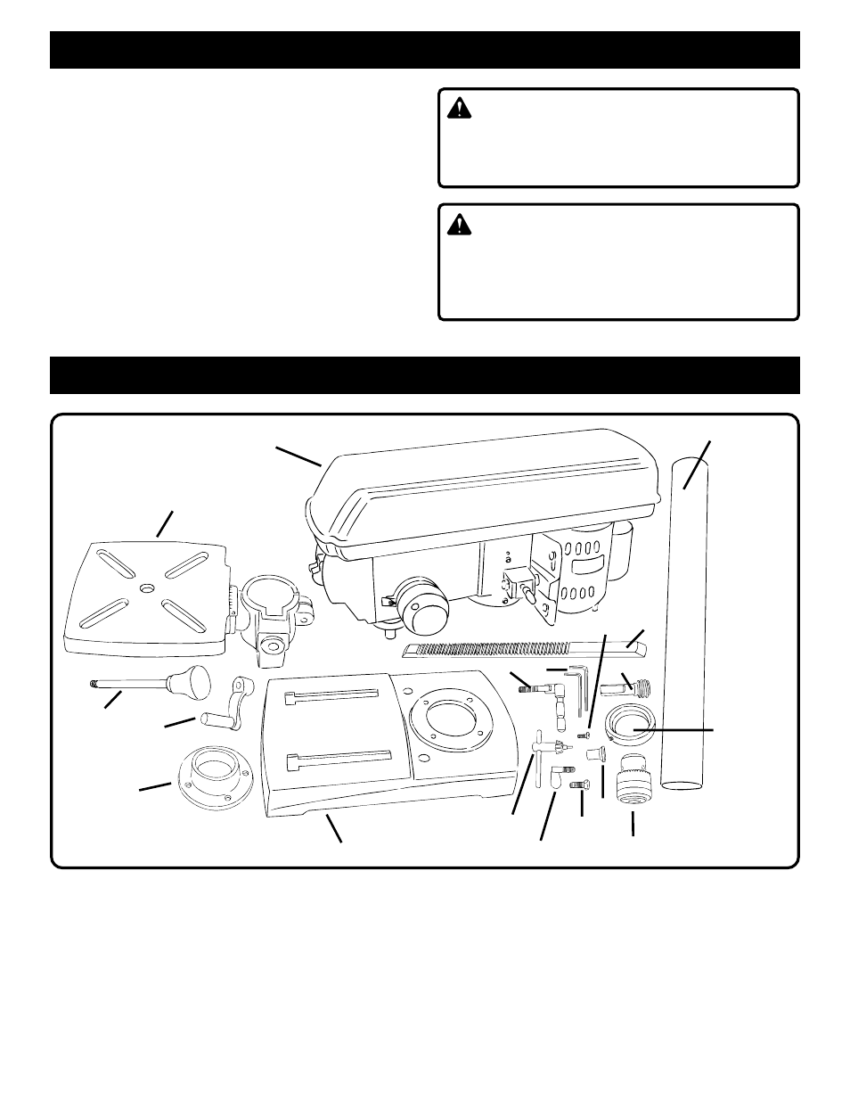 Loose parts, Unpacking, Warning | Ryobi DP101 User Manual | Page 9 / 16