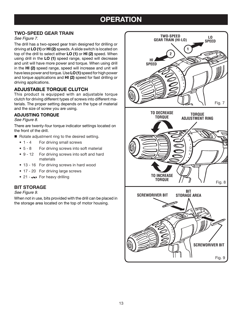 Operation, Two-speed gear train, Adjustable torque clutch | Bit storage | Ryobi P206 User Manual | Page 13 / 18