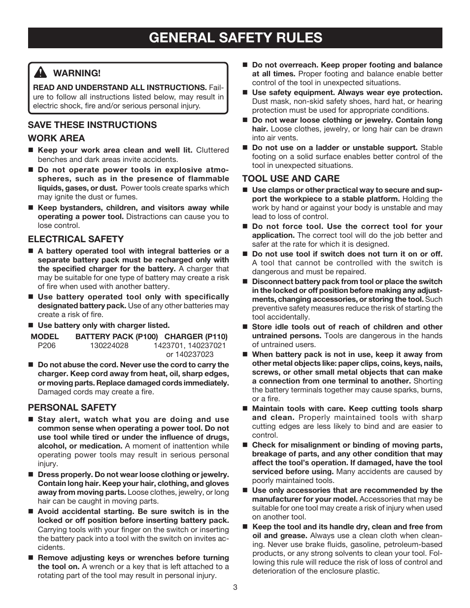 General safety rules | Ryobi P206 User Manual | Page 3 / 18