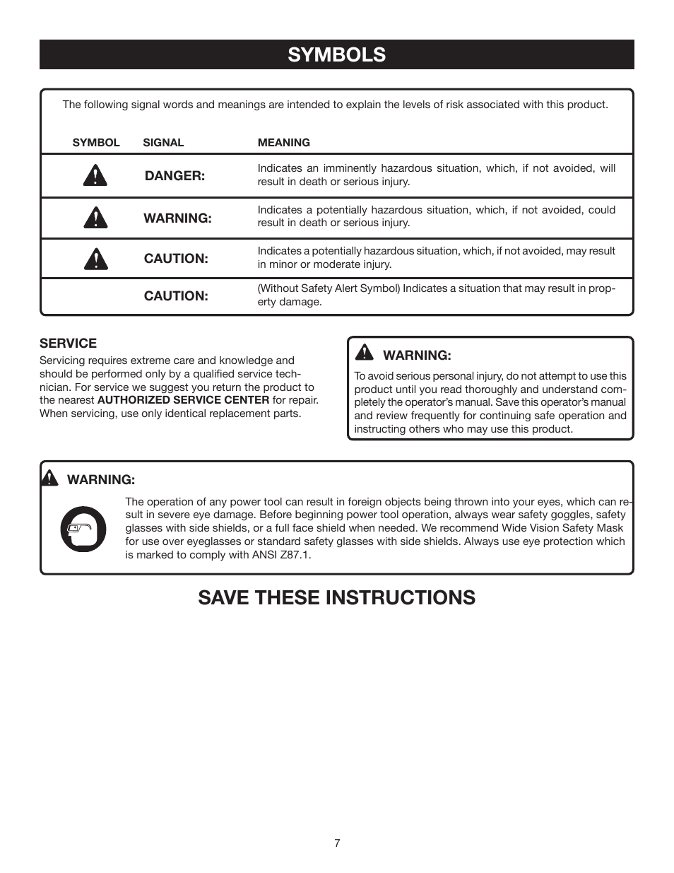 Symbols, Save these instructions | Ryobi P206 User Manual | Page 7 / 18