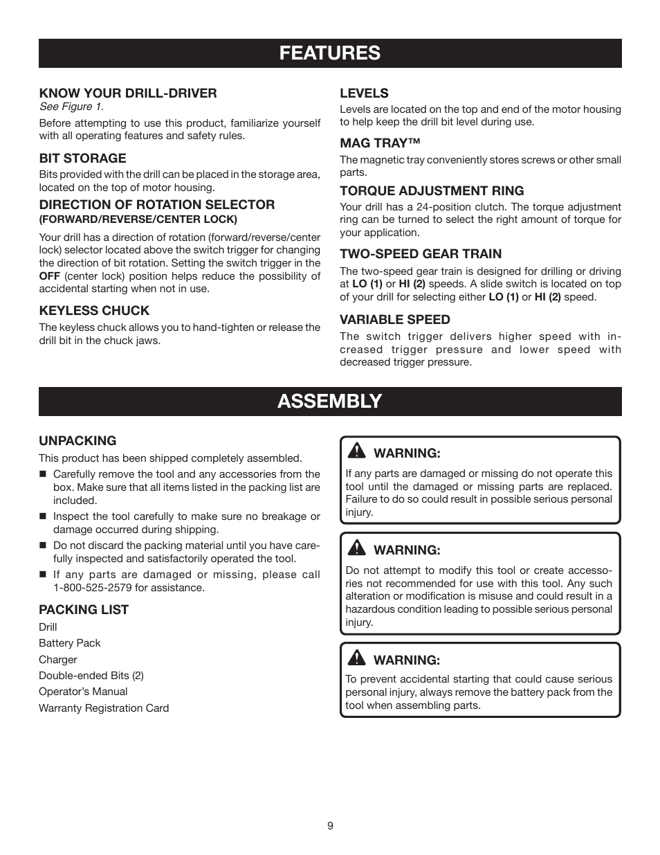 Features, Assembly | Ryobi P206 User Manual | Page 9 / 18