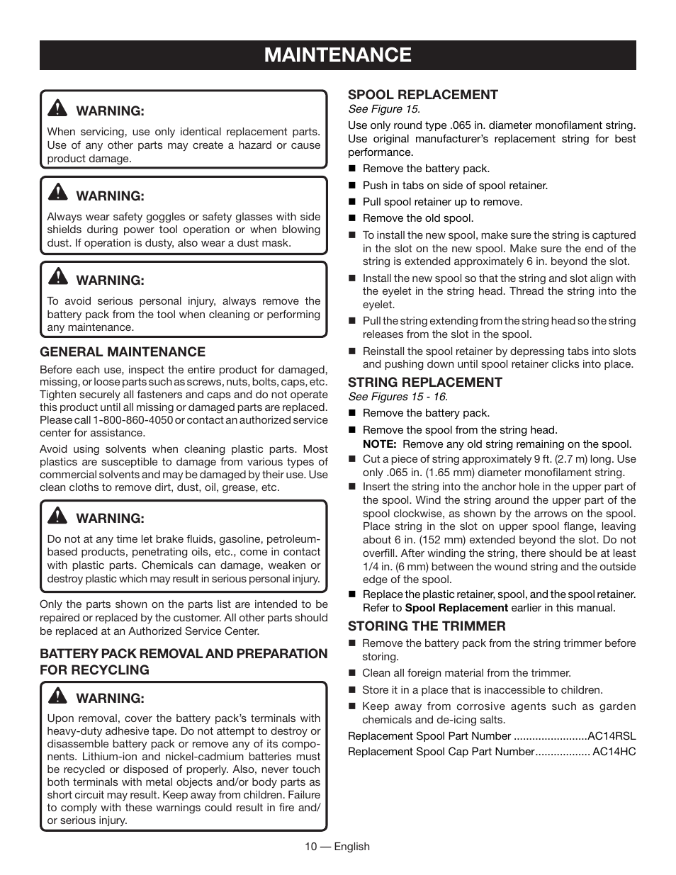 Maintenance | Ryobi P2001 User Manual | Page 12 / 38