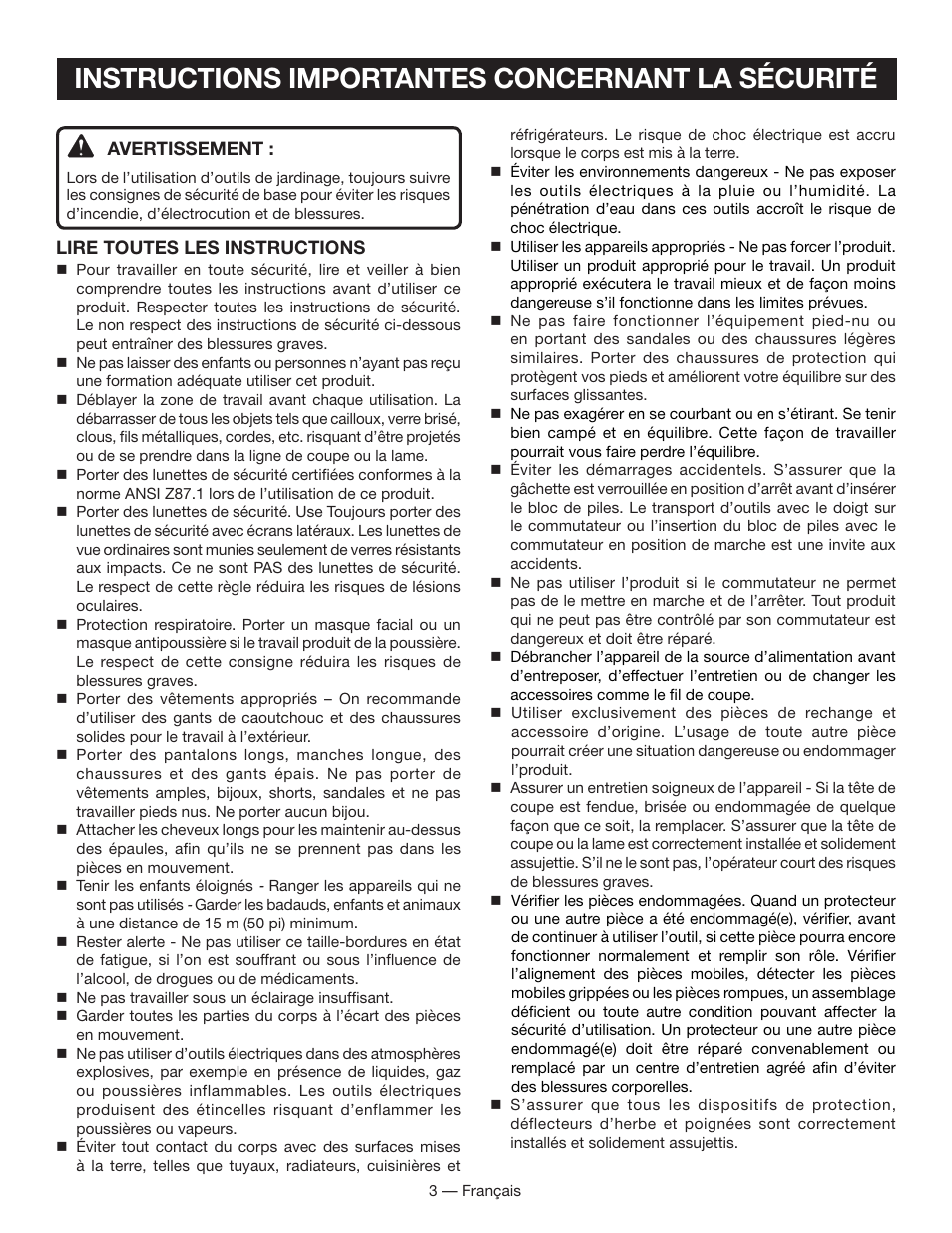 Instructions importantes concernant la sécurité | Ryobi P2001 User Manual | Page 15 / 38