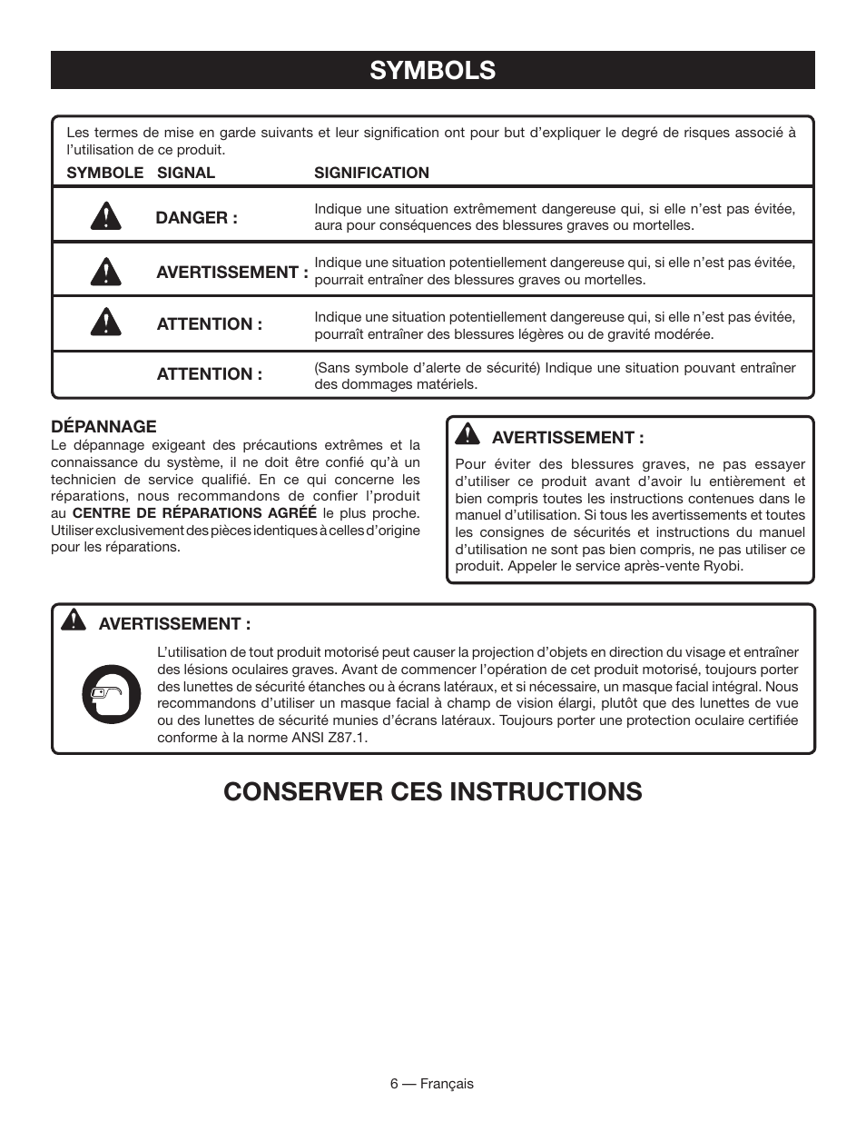 Symbols, Conserver ces instructions | Ryobi P2001 User Manual | Page 18 / 38