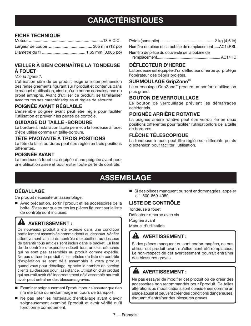 Caractéristiques, Assemblage | Ryobi P2001 User Manual | Page 19 / 38