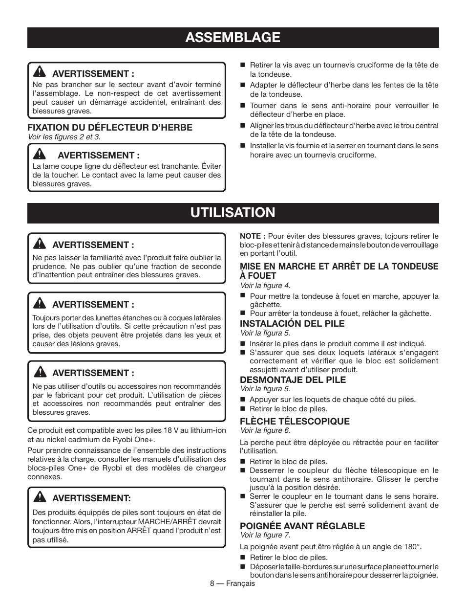 Assemblage, Utilisation | Ryobi P2001 User Manual | Page 20 / 38