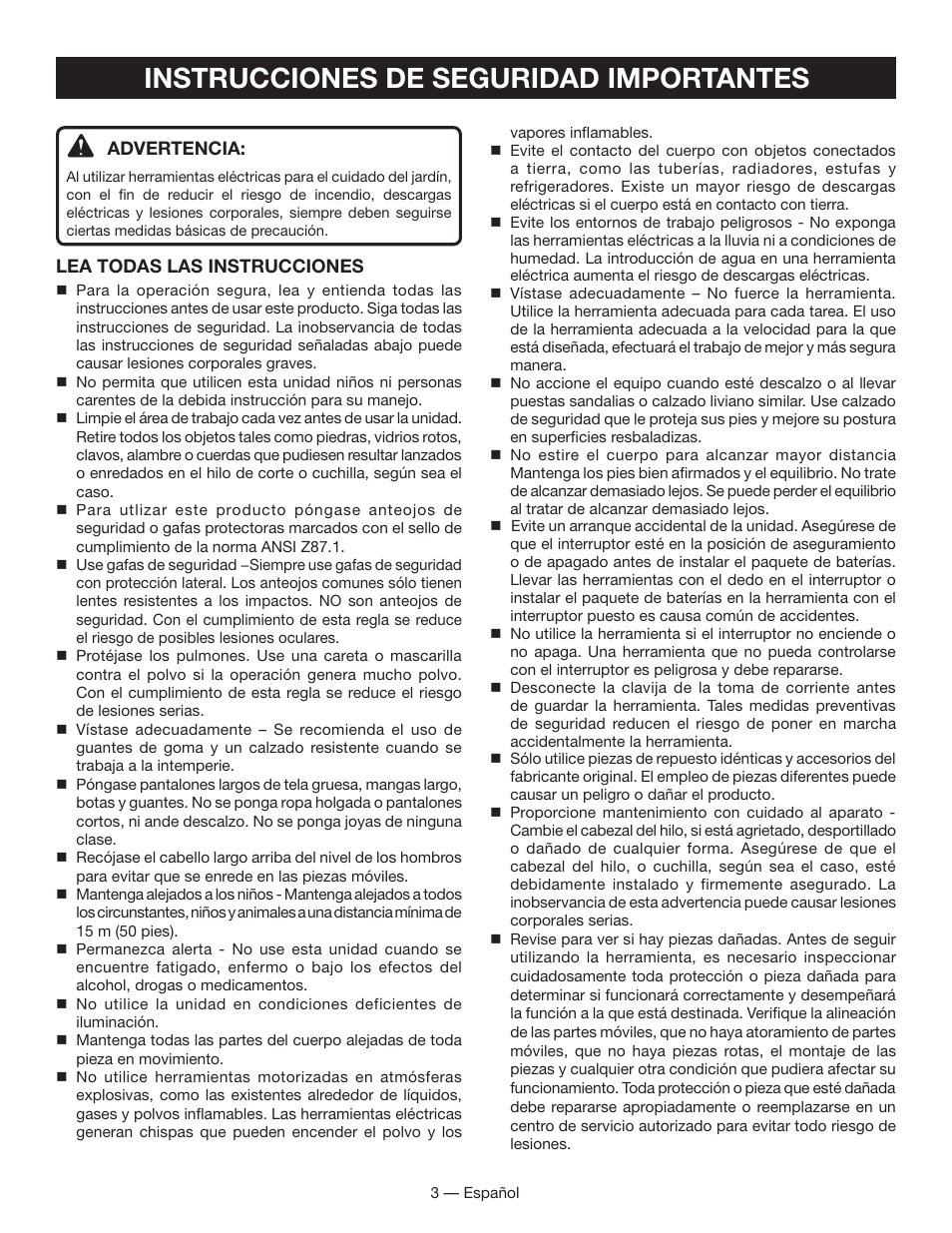 Instrucciones de seguridad importantes | Ryobi P2001 User Manual | Page 25 / 38