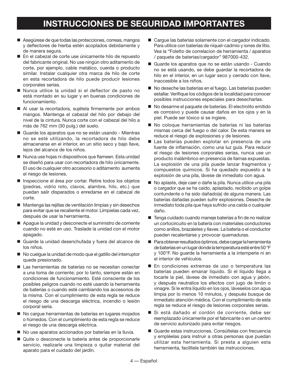 Instrucciones de seguridad importantes | Ryobi P2001 User Manual | Page 26 / 38
