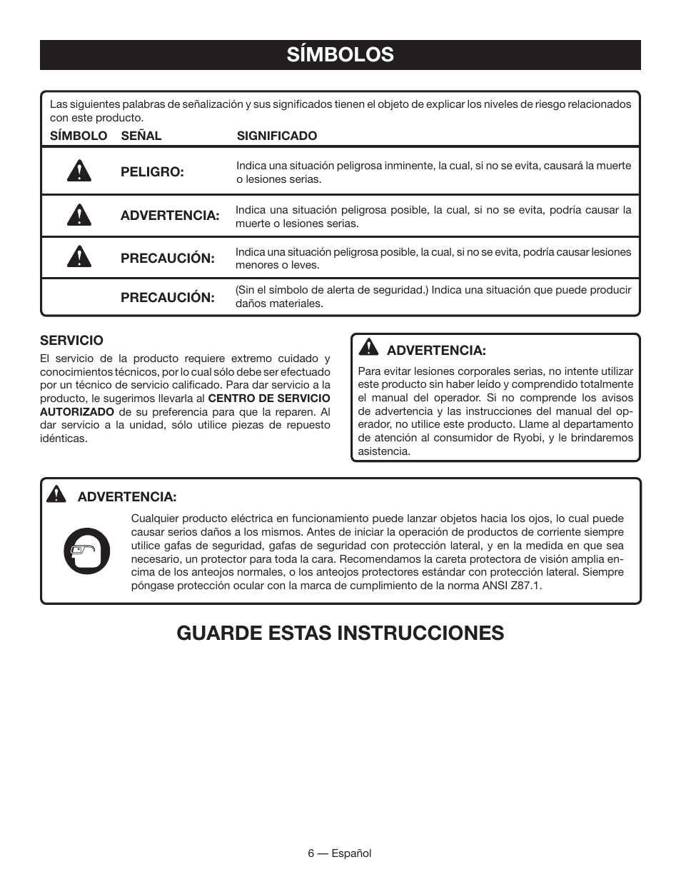 Guarde estas instrucciones, Símbolos | Ryobi P2001 User Manual | Page 28 / 38