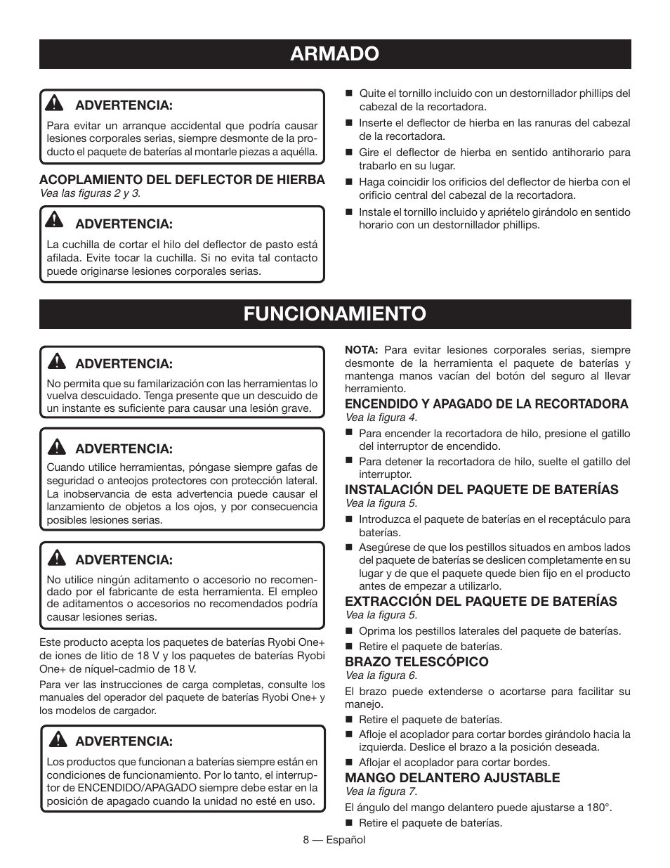 Armado, Funcionamiento | Ryobi P2001 User Manual | Page 30 / 38