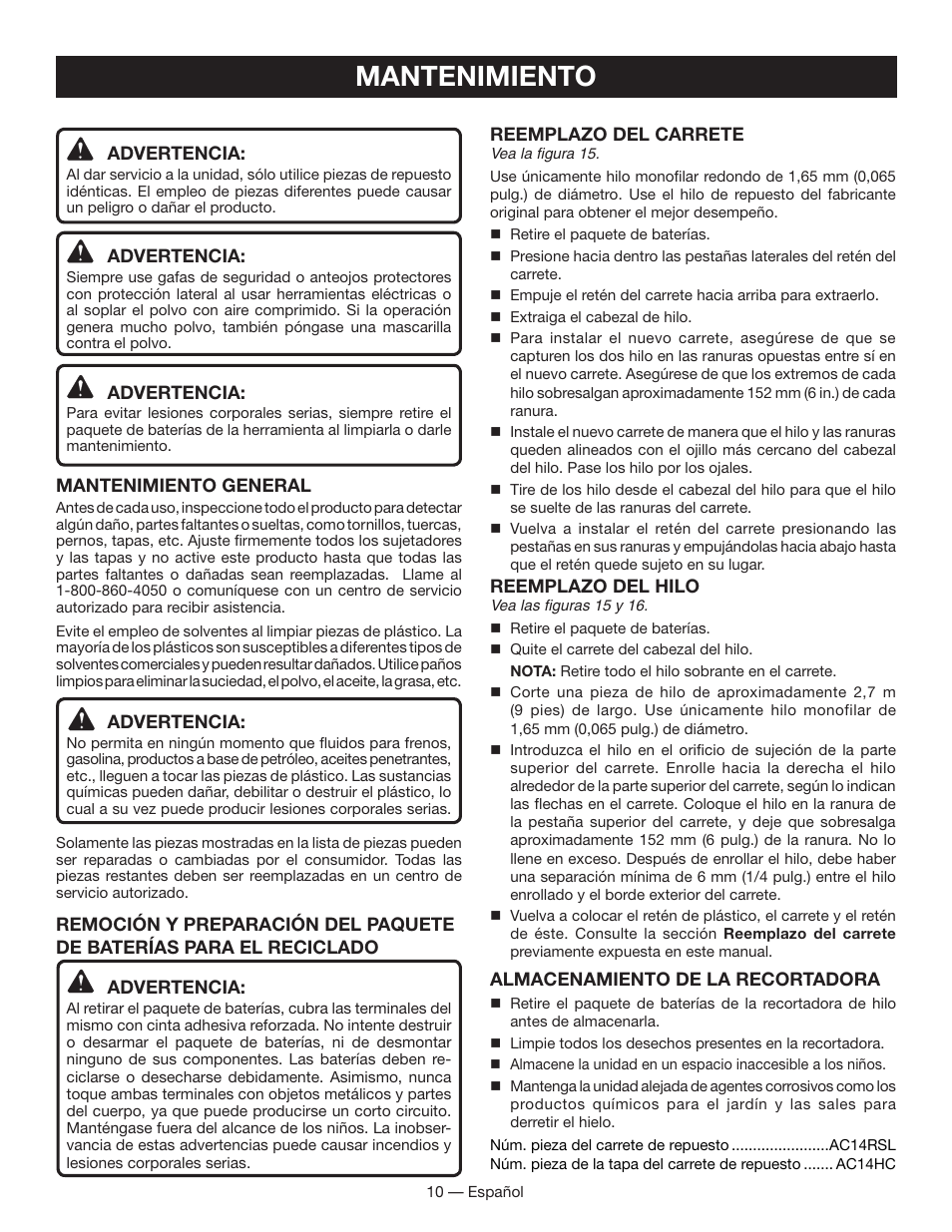 Mantenimiento | Ryobi P2001 User Manual | Page 32 / 38