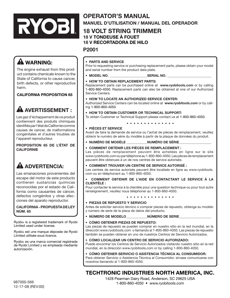 Operator’s manual, 18 volt string trimmer, Warning | Techtronic industries north america, inc, P2001 avertissement, Advertencia | Ryobi P2001 User Manual | Page 38 / 38