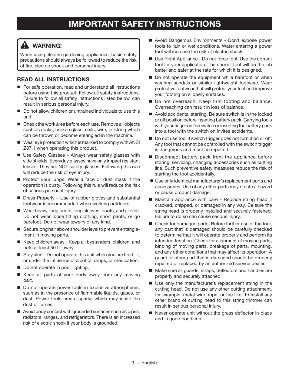 Important safety instructions | Ryobi P2001 User Manual | Page 5 / 38