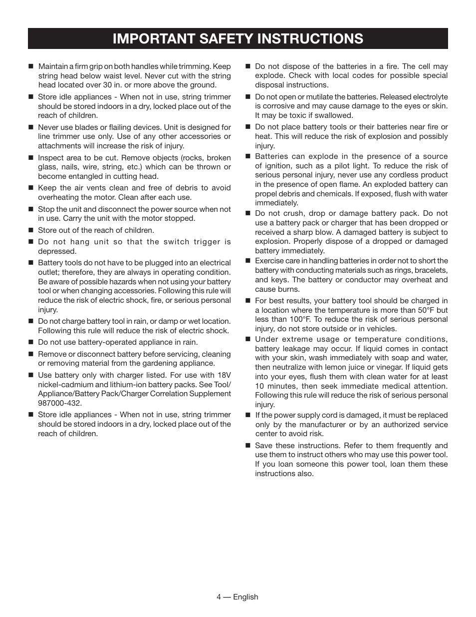 Important safety instructions | Ryobi P2001 User Manual | Page 6 / 38