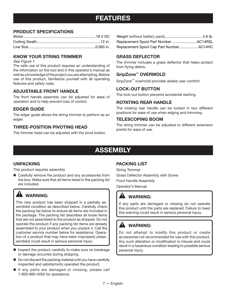 Features, Assembly | Ryobi P2001 User Manual | Page 9 / 38