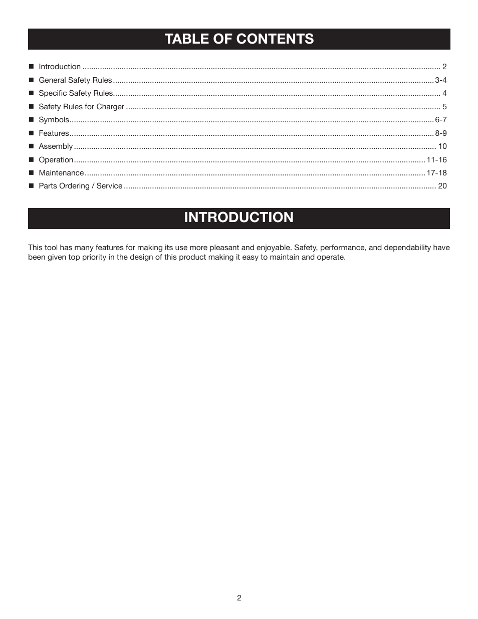 Table of contents introduction | Ryobi HP496 User Manual | Page 2 / 20