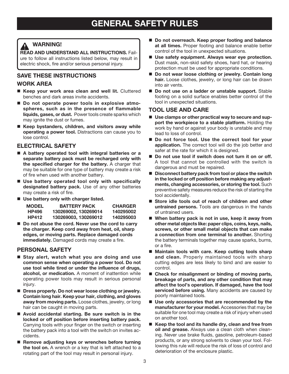 General safety rules | Ryobi HP496 User Manual | Page 3 / 20