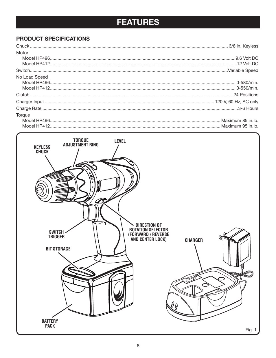 Features | Ryobi HP496 User Manual | Page 8 / 20